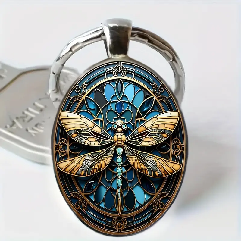 Vintage Zinc Alloy Glass Keychain - 1pc Unisex Oval Dragonfly Motif Pendant, Everyday Carry Fashion Accessory, Ideal for Birthday Gift Ideas, Christmas Celebrations