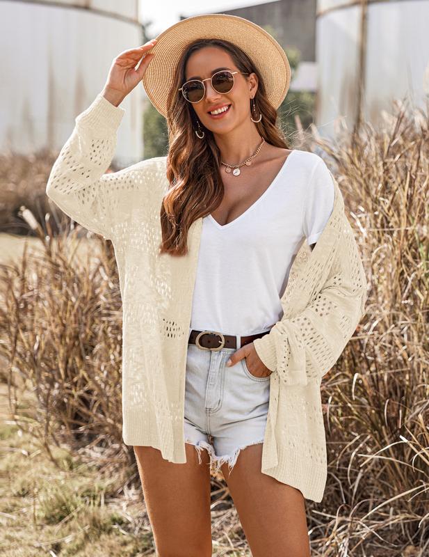 Women's Lightweight Crochet Cardigan Long Sleeve Open Front Oversized Summer Sweater Batwing Beach Fashion
