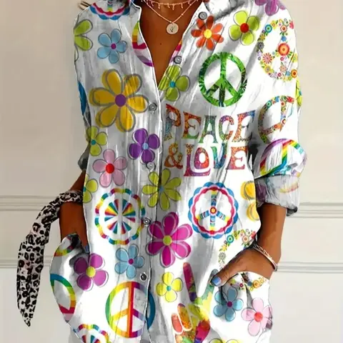 Women's Bohemian Style Long Sleeve Shirt, Vibrant Peace Love Print, Casual Button Up Blouse for All Seasons, Boho Shirt