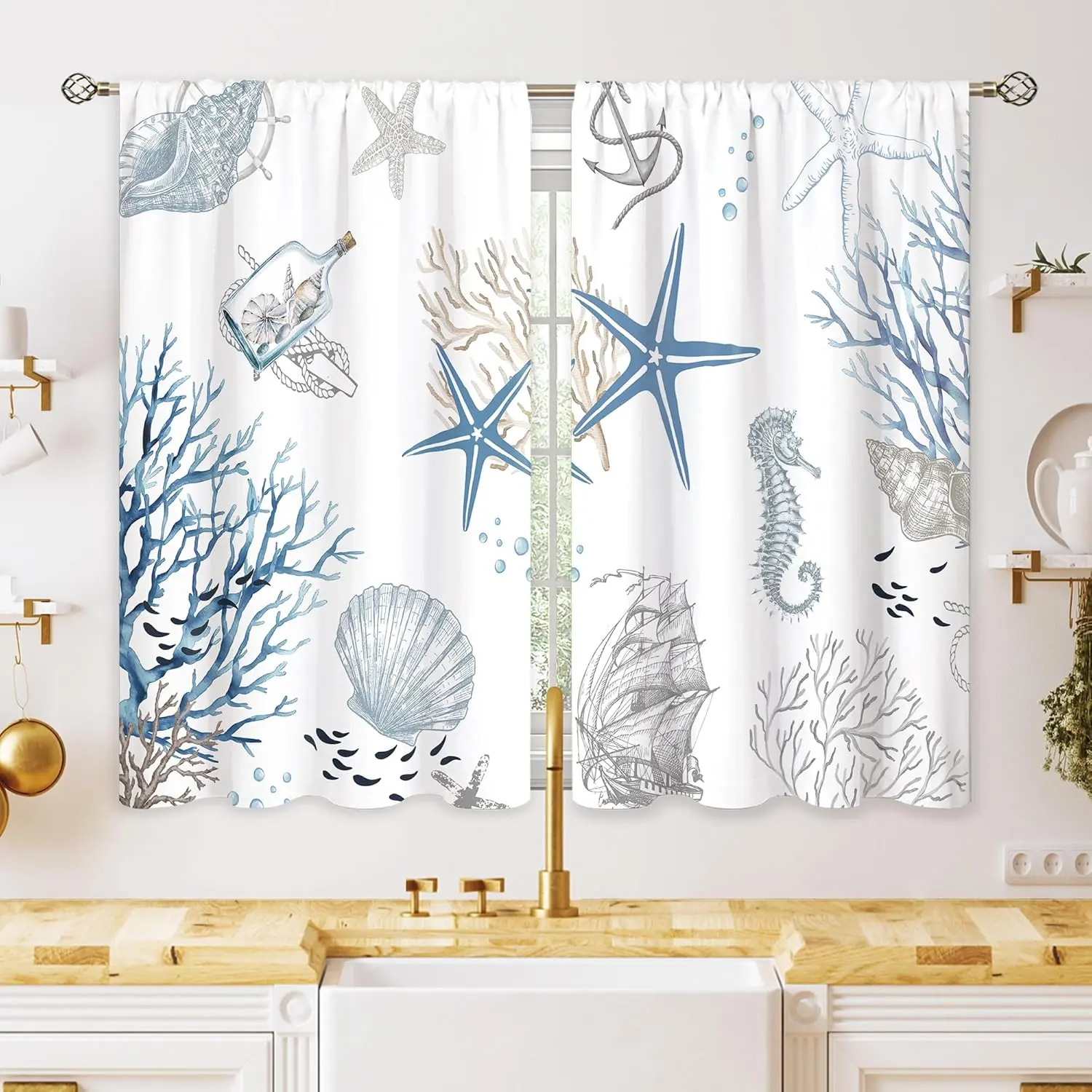 Wrinkle-Resistant Blue Nautical Coastal Starfish Seashell Fabric Drape, Short Length Kitchen Dining/Bathroom Window Curtains, 27.5x39 in Small Window Treatment for Underwater Cafe Style Spaces