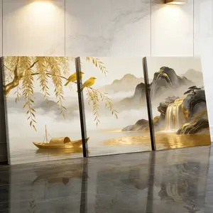 3 Counts Wooden Framed Canvas Painting, Golden Mountain Waterfall And Birds Images, Exquisite Aesthetic Design Poster, Perfect Gift, Decor For Living Room, Bedthroom, Modern Art, Fashion Family Poster, Wall Art Decoration