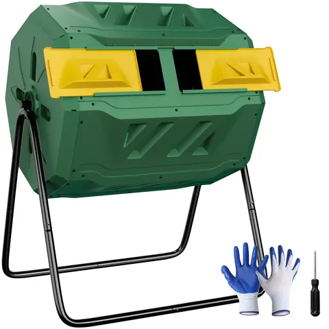 Segawe 43 Gal Rotating Compost Tumbler - Dual Chamber Bin, Durable Home Gardening Container, Iron-Plastic Double-Wall, Metal Iron Body for Harsh Weather, Aeration Bar, Window Access, Seamless Rotation, Mix Flow, 24.4 lbs, 28.7x25.4x36.4 inches