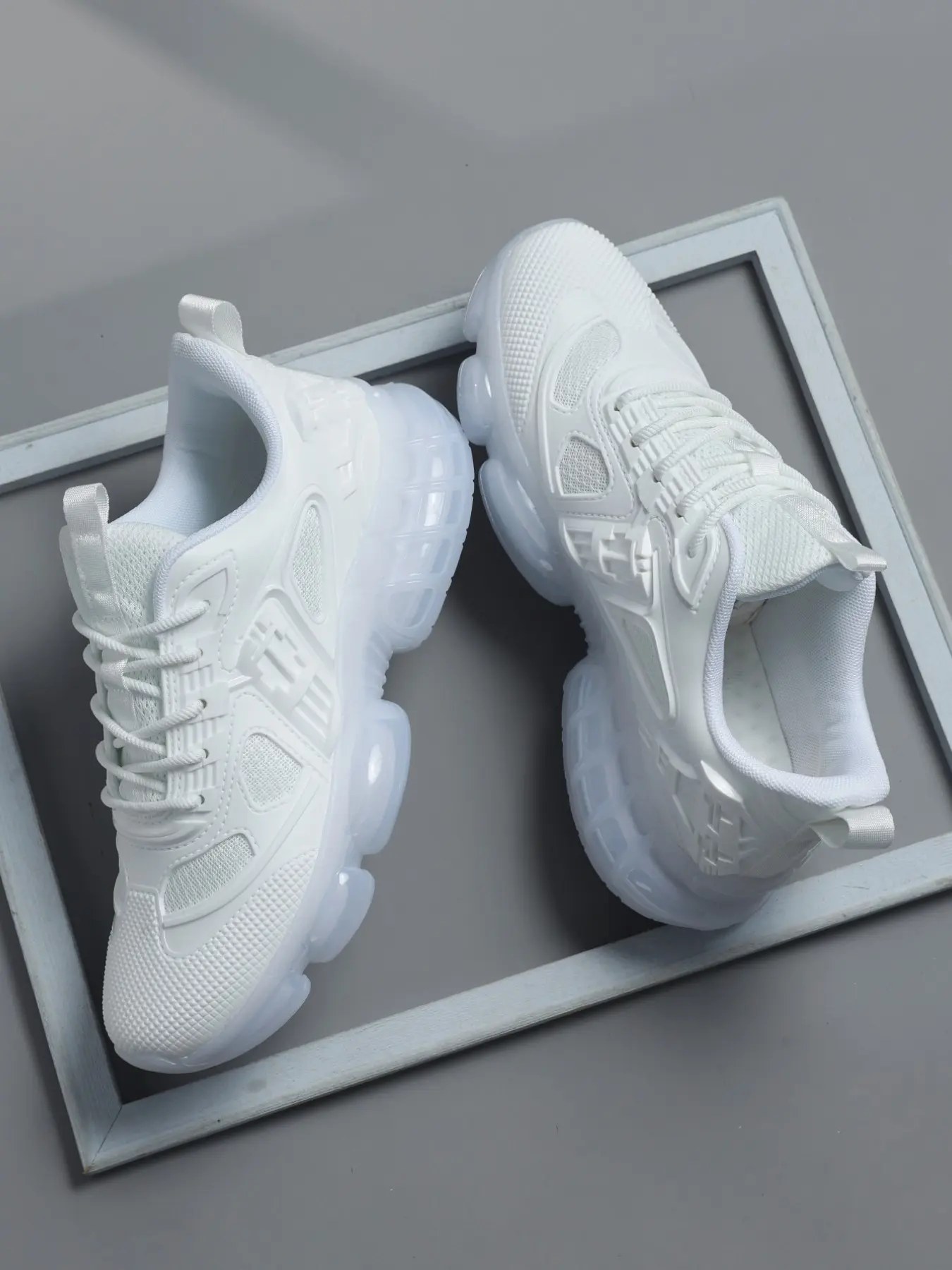 Men's Low-Top Function Sports Shoes, Geometric Skeleton Structure, Transparent Bubble Sole, Breathable Mesh Training Shoes