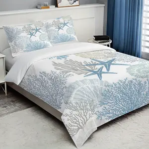 Three-piece Blue ocean elements pattern patterned quilt cover set, including 1 quilt cover and 2 pillowcases (without quilt core and pillow core), soft and breathable, suitable for bedrooms, etc.