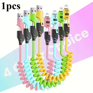 4-In-1 Spring Data Cable, Capable of Delivering Up to 65W for Fast Charging, Measuring 4.9FT, Suitable for Charging Multiple Devices Including for Iphone with Lightning And USB-C Ports