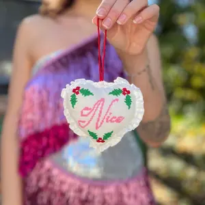 Naughty or Nice Christmas Cross Stitch Double Sided Heart Ornament