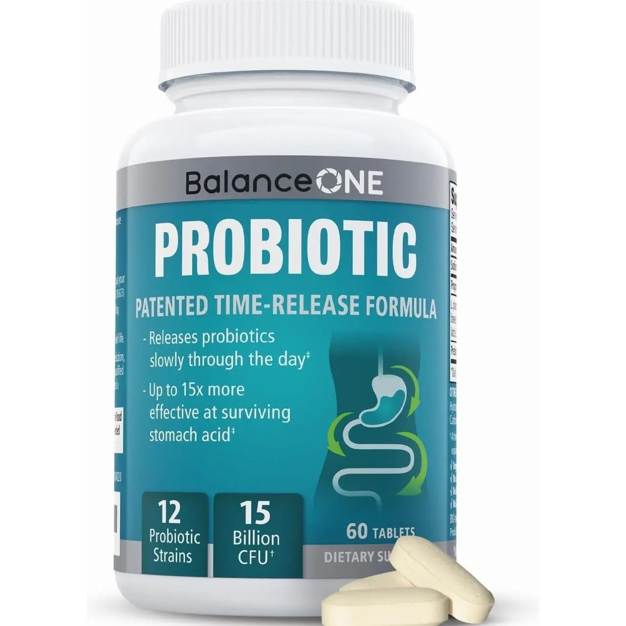 Balance ONE Time Release Probiotic – 15 Billion CFU – 12 Strains Including L. Plantarum – 15x More Survival Than Capsules – Bloating & Gas Relief – Gut & Digestive Health for Women & Men – 60 Tablets
