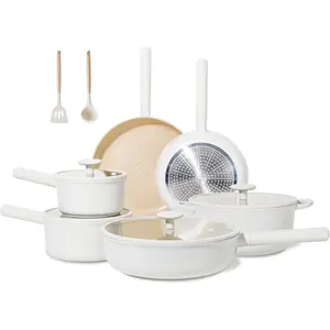 Ceramic Cookware Sets 17 count, Pots and Pans Set Non Stick,  Induction Kitchen Cooking Set with Removable Handles, Stackable Pots Pans, Oven Safe, PFOA/PFOS Free, Beige