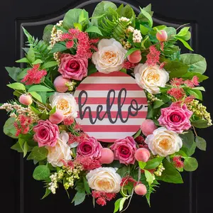 24inch Spring Summer Wreath for Front Door ,Artificial Flowers, Patriotic Wreath Decor-Pink Peach Peony & Rose Floral Wreath, Easter Christian Wreath,Farmhouse Indoor Outdoor Seasonal Home Welcome Decor for Mother's Day  Gift