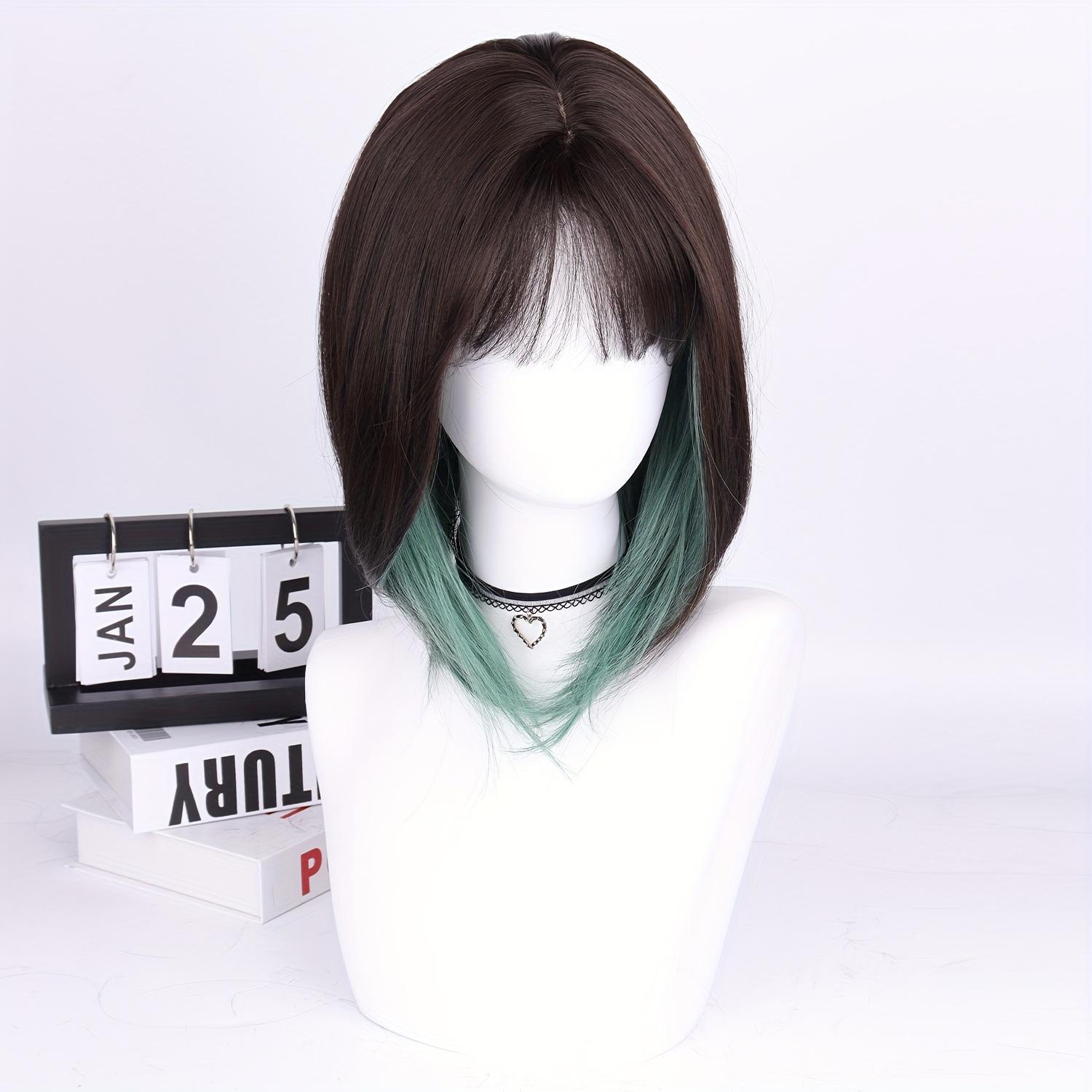 Dark Black Green Mixed 16-Inch Short Bob Straight Wig with Bangs, High-Density Synthetic Hair, Rose Net Cap for Halloween, Christmas, Cosplay & Parties