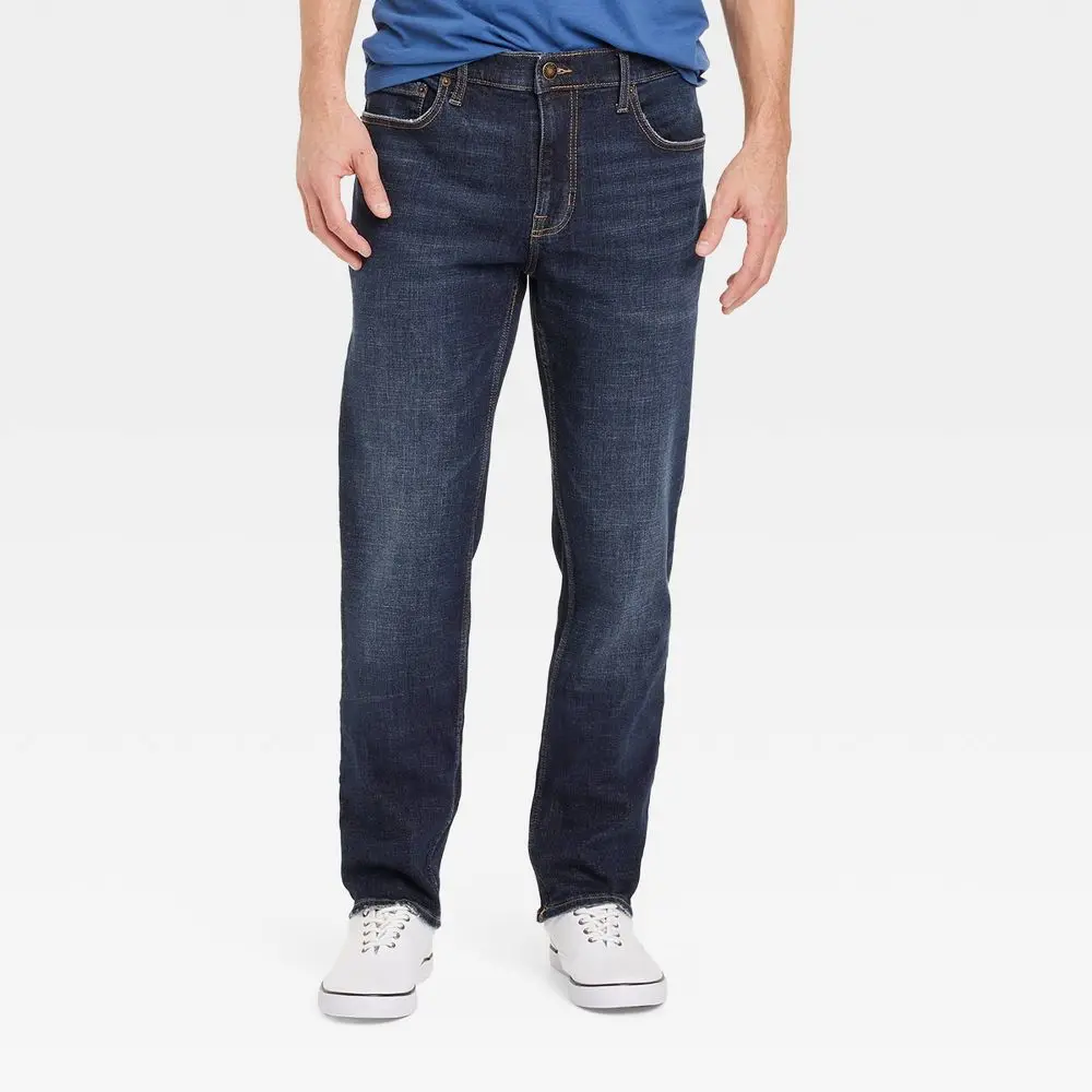 Men's Slim Straight Fit Jeans - Goodfellow & Co Dark Wash, 32x34, Belt-Compatible, Zipper Fly, Spandex-Blended Fabric, Pair with Sweatshirts