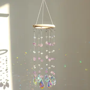 Crystal Sun Catcher, Amethyst Suncatcher Hanging Wind Chime, Handmade Rainbow Maker Indoor Outdoor Decor for Window Bedroom Courtyard Garden, Bless Gift