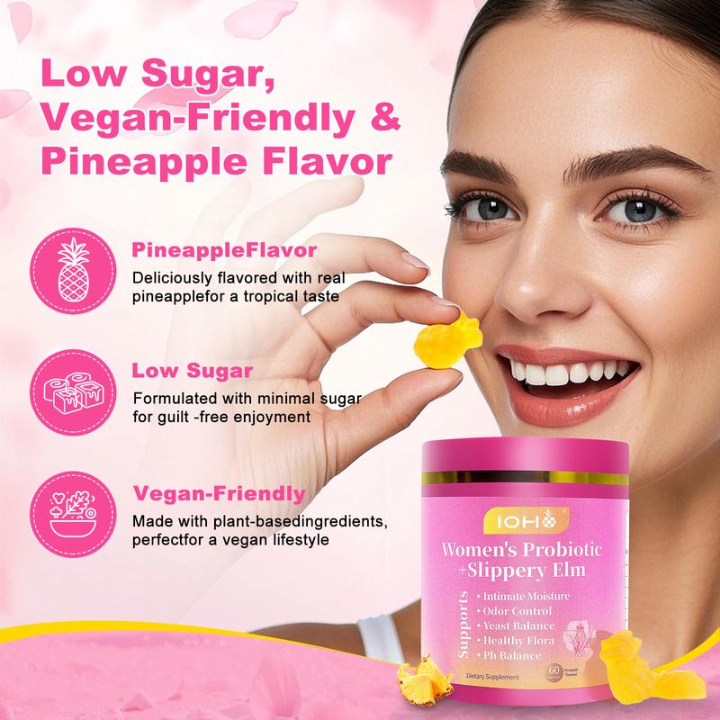 【Gold Plus】IOHO Her Juicy Feminine Probiotics-All in One Solution with Slippery Elm and Prebiotics& Probiotic Blend for Women's pH Balance and Dryness -Hawaiian Pineapple 60 Count-Women vitamins-feminine balance gummies Edible- gut health supplement