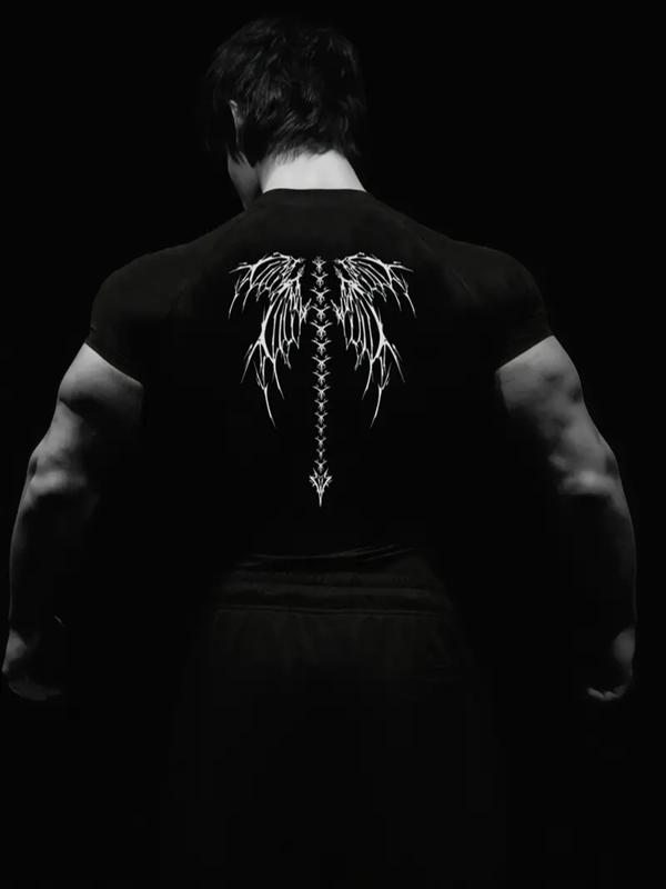 Gothic Style Men's Black Gym Shirt – Metallic Letter & Spine Wing Design, High-Stretch Slim Fit Workout Top, Ideal for Gym, Training & Casual Wear, Muscle-Enhancing Sportswear, Gothic Aesthetic Fitness Tee, Bodybuilding Fitness Tee