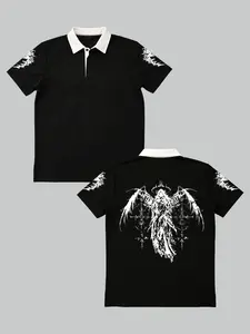 Gothic Dark Angel Print Polo Shirt, Y2K Street Style Short Sleeve Top, Harajuku Subculture Punk Rock Unisex Casual Polo
