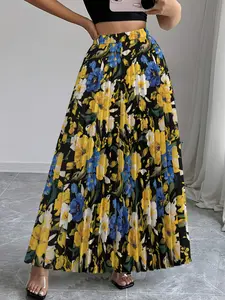 Women's Elegant Printed Pleated Fitted Maxi Skirt, Abstract Leaf Plant Pattern, All Season Formal & Casual Wear, Office Party Daily Use, Easy Care Fashion Bottoms