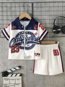 Boys' Vintage Sports Style 23 Print Slim Fit Short Sleeve T-Shirt & Shorts Set, Youth Kits, Summer Casual Streetwear for Kids Aged 2-7, Clothes Sets