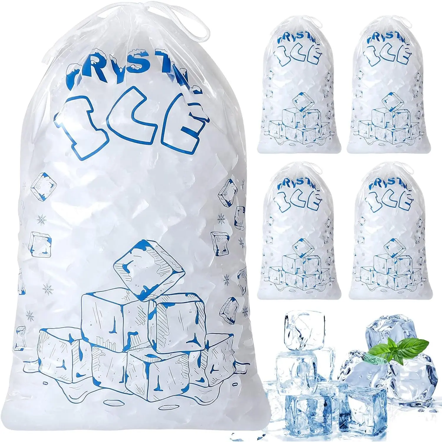 Heavy-Duty 8 lb Drawstring Plastic Ice Bags (50-Count) - Ice Machine Compatible, Portable Freezer Storage for Halloween, Weddings, Anniversary Events