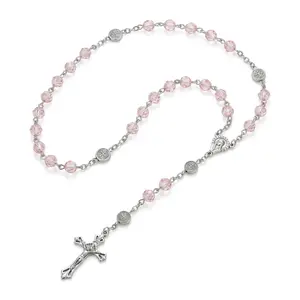 Pink Crystal Rosary Cross Necklace – Beaded Chain for Prayer, Meditation, Yoga, Church, Daily Wear, Party, Prom, Evening – Religious Spiritual Christian Gift for Women Her
