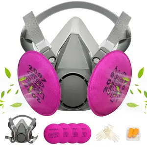 Half Facepiece Painting Mask with Respirator - Respirator mask with 4pcs(2 pairs) 2097 Filters and Earplugs, Perfect for House DIY Project Clean Dust Woodworking Grass Cutting Fumes Pollen