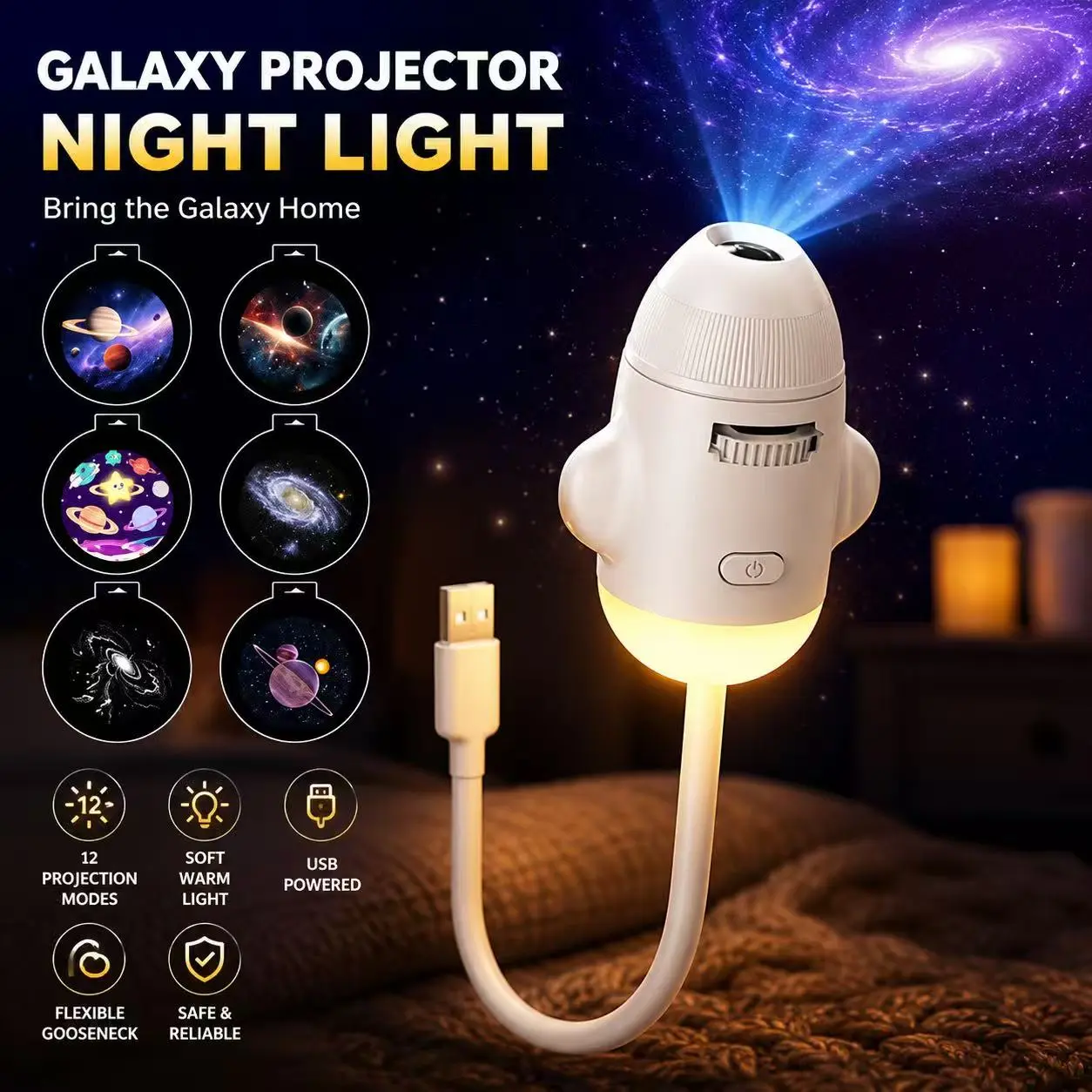 Galaxy Projector Night Light USB Powered with 12 Projection Modes Soft Warm Light for Bedrooms Playrooms Dorm Spaces Compact Design 20x5.5cm