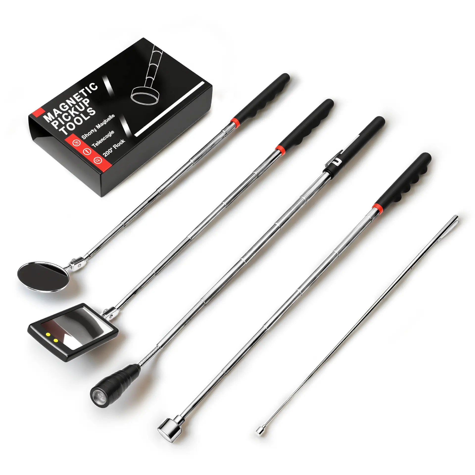 Telescoping Magnetic Pick Up Tool Kit with LED Light 5PCS 1lb & 15lb Pickup Rod Round Square 360 Swivel Adjustable Inspection Mirror Flexible LED Flashlight Extendable Magnetic Tools