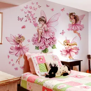 A set of 3 pieces (30*90cm*3pcs) pink butterfly fairy flower wall stickers for living room, bedroom, home background decoration, self-adhesive MS3301-YL