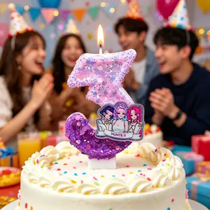 Anime Glitter Number Candles Pink Purple Sparkly Sequin Cake Toppers, Cute Cartoon Birthday Candles for Kids Party, Cake Decoration, Cake Decorating