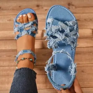 Denim Sandals - Blue Frayed Edge Design for Casual Wear