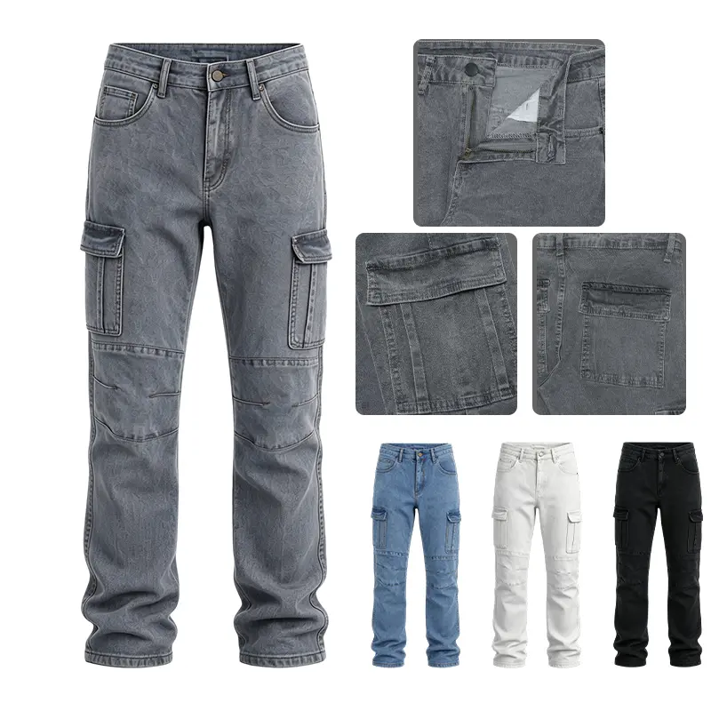 Clean Gent men’s washed vintage distressed straight-leg cargo jeans with flap pockets, slim stretch street-style denim pants, cotton denim fabric, suitable for everyday wear for men, all-season long pants.