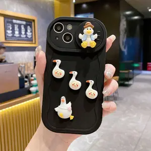 3D Cute Duck Family iPhone Case - Rubber Case Beige/black