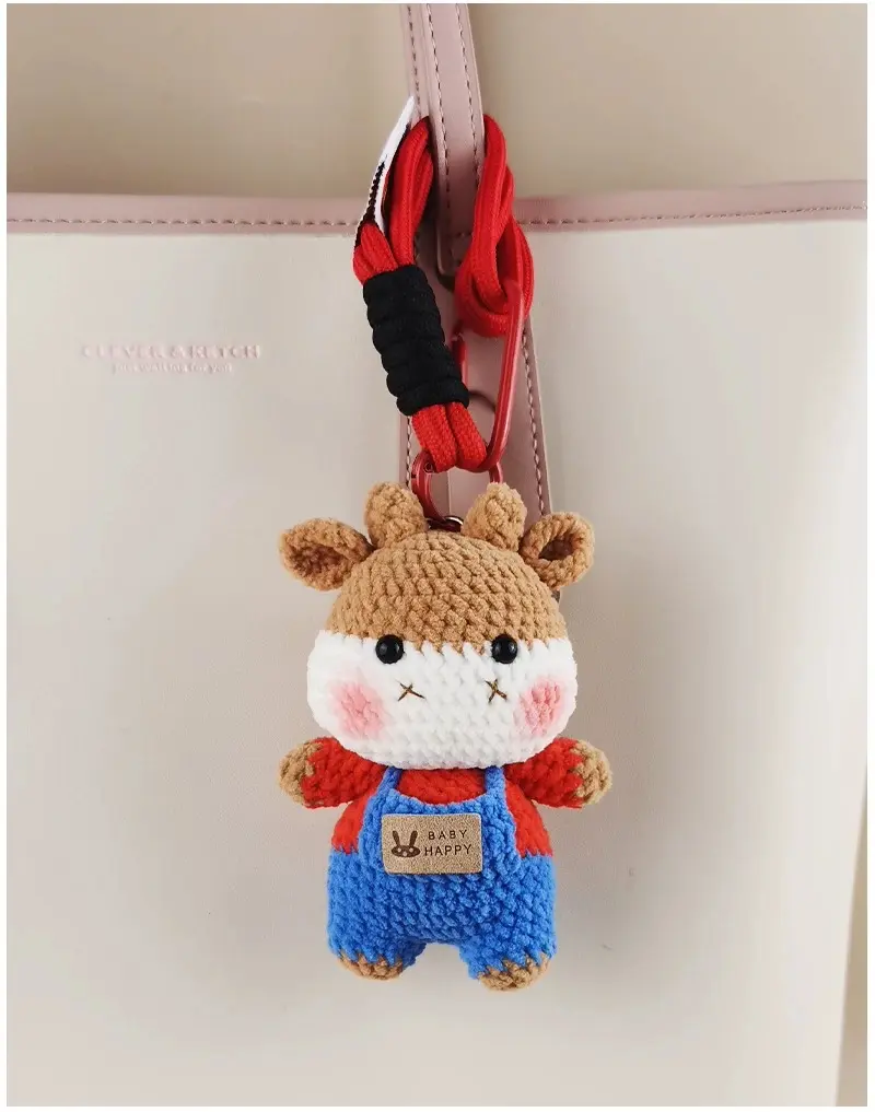 Huggli Handmade Crochet Deer Keychain, Cute Red & Blue Plush Bag Charm with Carabiner for Backpacks, Purses & Keys