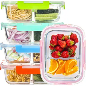 Glass Meal Prep Containers 2 Compartment with Lids (5 Pack, 34oz), Divided Glass Storage Containers for Lunch at Work, Leak-Proof Portion Control  Containers, Microwave/Dishwasher Safe