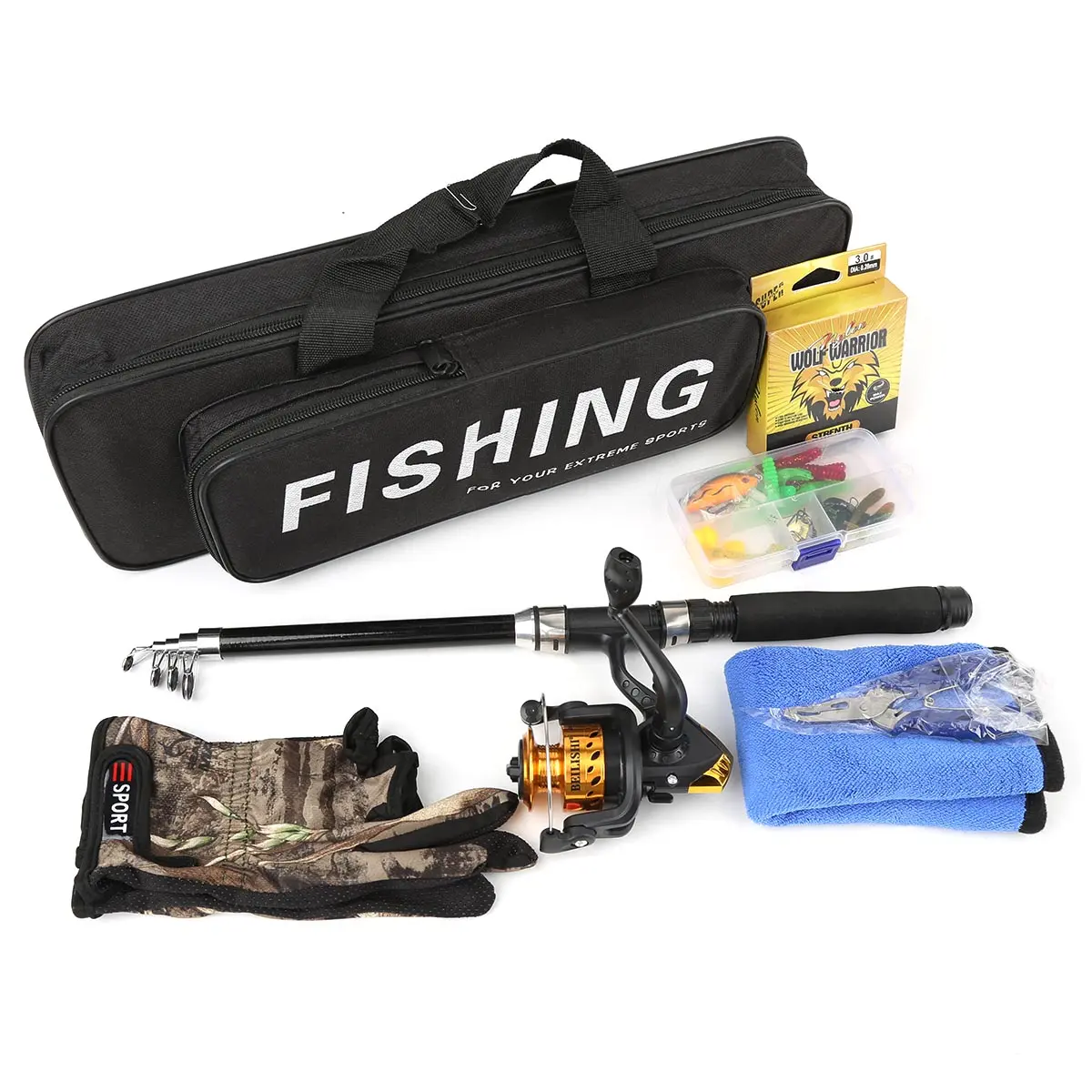 Complete Fishing Gear Set, Retractable Rod Reel Combo with Glove, Bait Line Portable Bag, Freshwater Saltwater Fishing Tools, Telescopic Spincast Rod