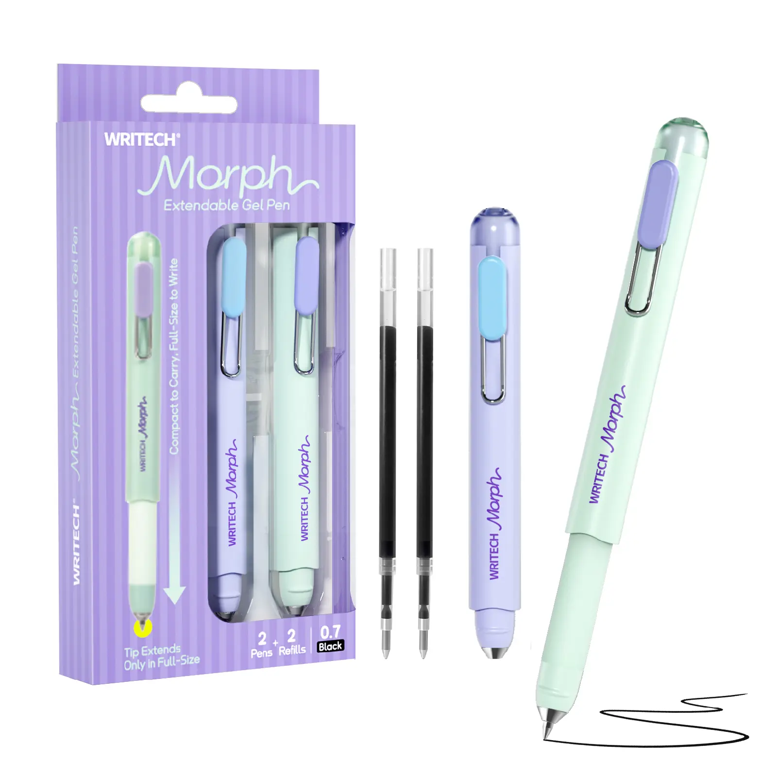 WRITECH Morph Extendable Gel Pen: 0.7mm Black Ink Mini to Full Size Soft Grip Portable Extendable Pocket Pen Set with 2 Pens and 2 Refills WRITECH Morph Extendable Gel Pen: 0.7mm Black Ink Mini to Full Size Soft Grip Portable Extendable Pocket Pen Set with 2 Pens and 2 Refills