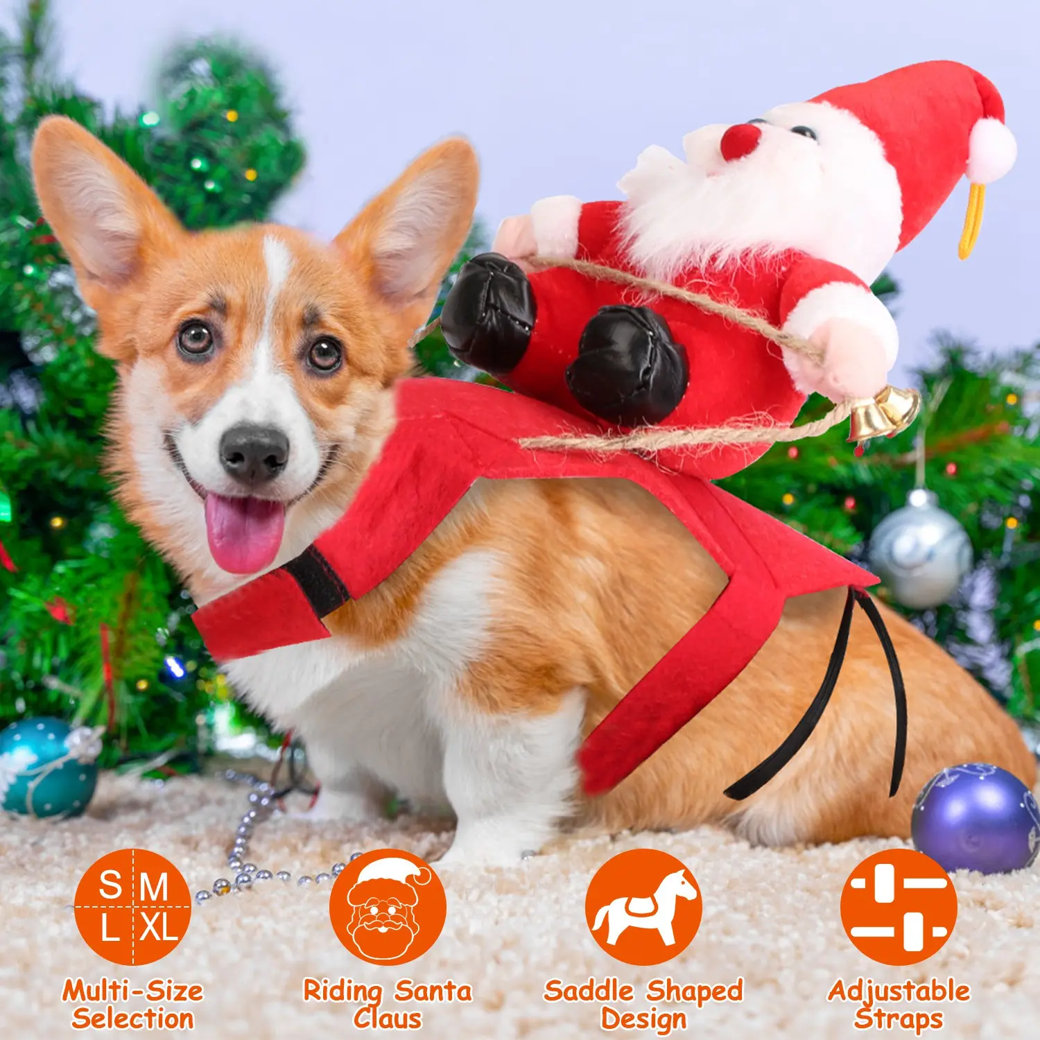 Pet Christmas Costumes Red Winter Coat For Dogs Cats Riding Santa Claus With Bell Saddle Shaped Adjustable Straps New Year Outfit Cosplay Party Dress Up
