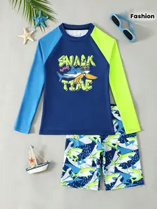 Boys' Long-Sleeve Sun Protection Swim Set, Swimming Rashguard, Two-Piece, Stylish Prints – Beach and Pool Swimwear Sets. A must-have for the beach, pool, and summer water play. Long-sleeve swimsuit with shorts