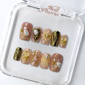 NailPhoria SEPIA REVERIE - SPRING Handmade Press-On Nails | Reusable, Salon-Quality, Long-Lasting, Glossy Design