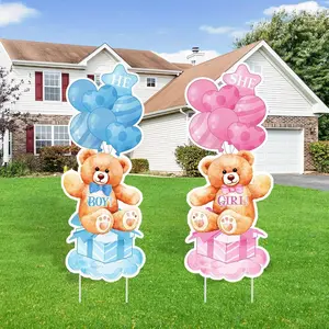 2 Sets Shower Plastic Yard Sign with Stakes for Gender Reveal Outdoor Decorations, Blue He and She Bear Lawn Sign for Newborn Welcome Party