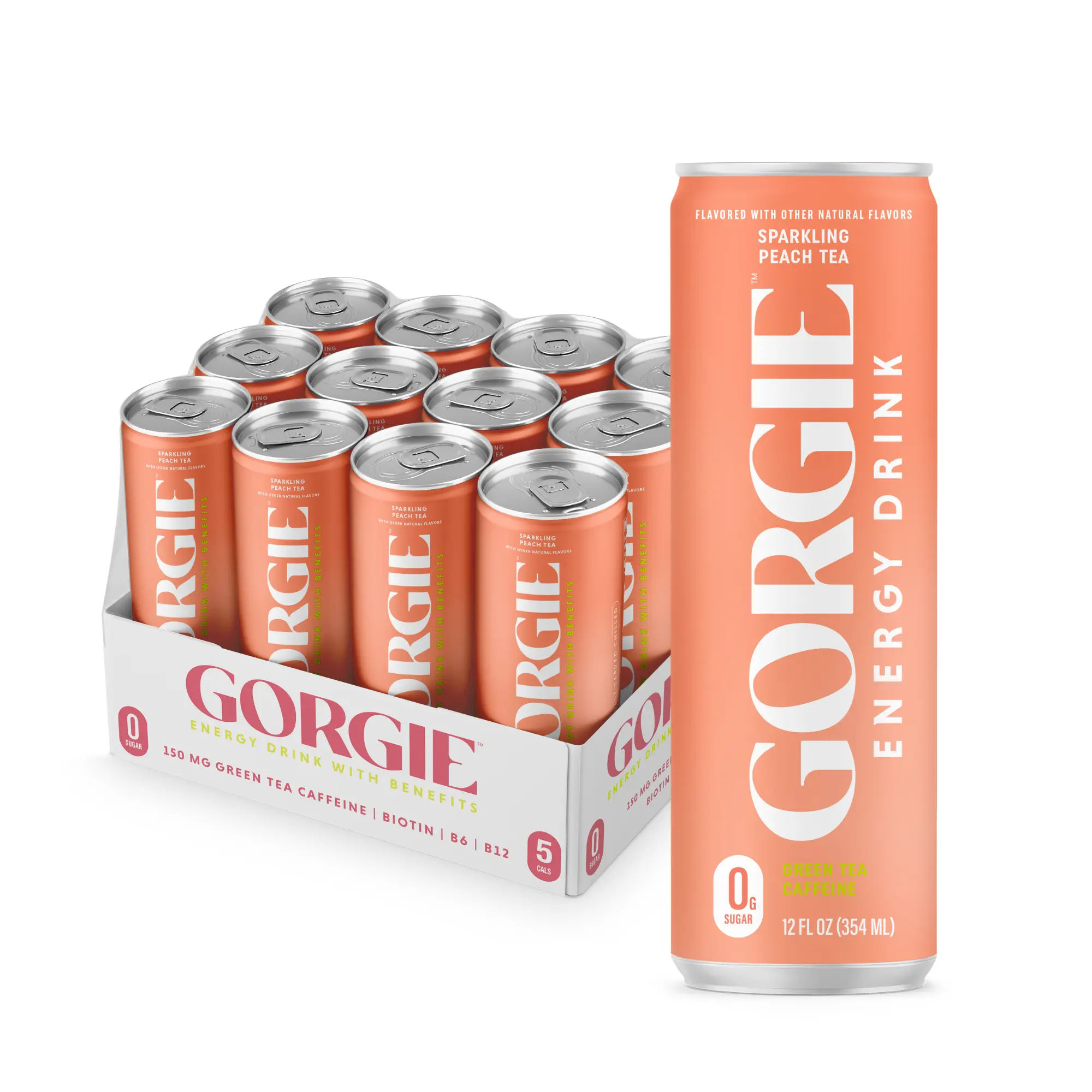 GORGIE Sugar Free Natural Energy Drinks, Sparkling Peach Tea (12 Pack) - Healthy Energy Drinks - Natural Coffee Replacement with Green Tea Caffeine and Biotin - 150mg Caffeine, Vegan, & Low Calorie