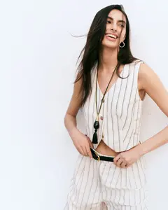 Express Linen-Blend Striped Cropped Blazer Vest