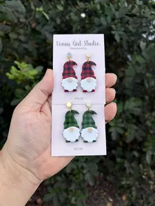 Plaid Gnome Clay Dangle Earrings