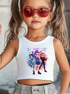 Girls Kpop Demon Hunters Series Summer Tank Top Clothing, Q Version Anime Print, Casual Slim-Fitting, Comfortable Elastic Fabric, Perfect Gift
