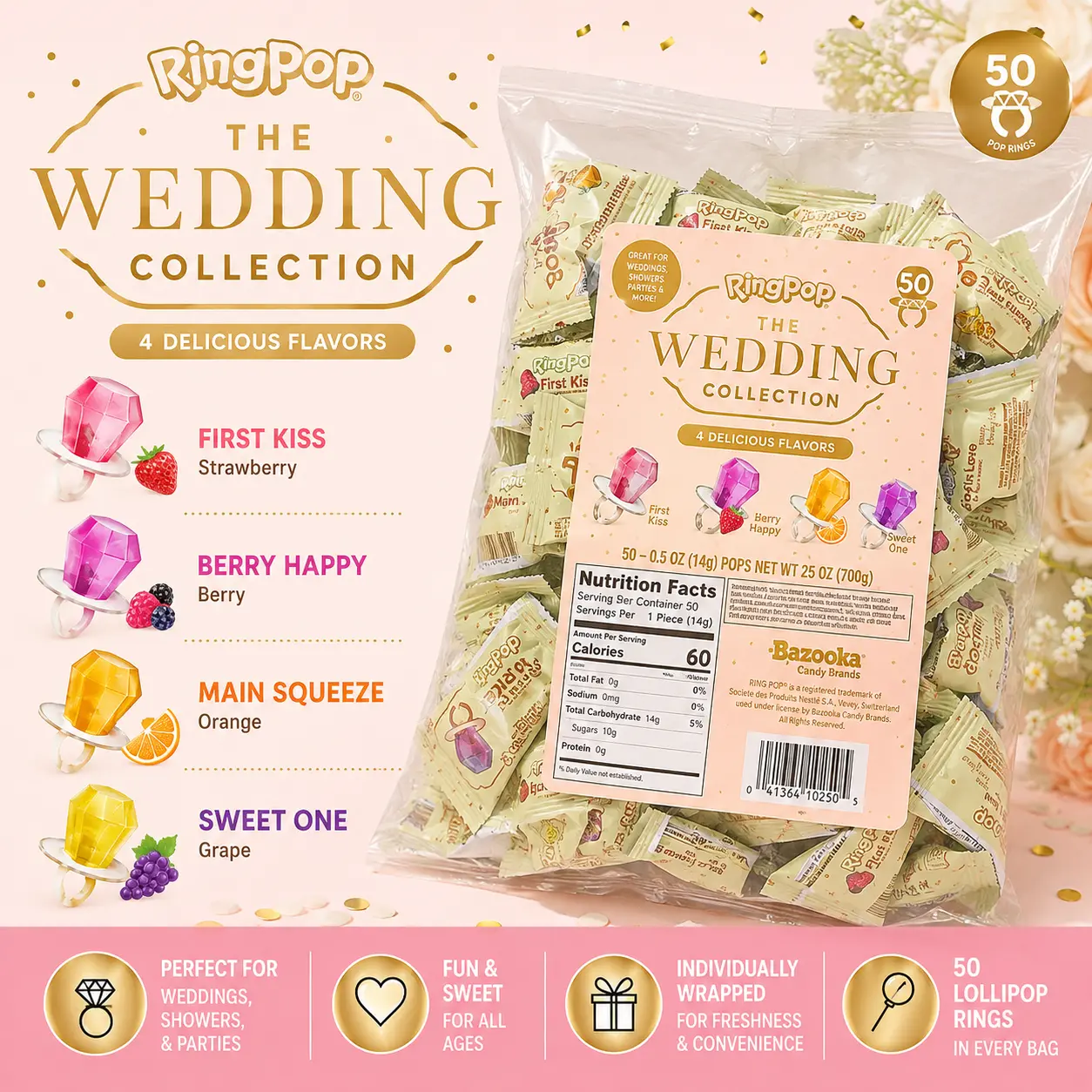 Ring Pop Wedding Collection Lollipop Rings 50 Count Bulk Assorted Ring Candy Party Favors