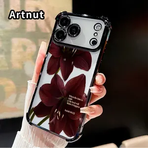 Phone Case for iPhone 17 16 Pro Max 15 Plus 14 13 12 11 E Air Rich Burgundy Lily Pattern Premium Plated Cover Casing Clear Protective Four Corners Air Cushion Anti-drop