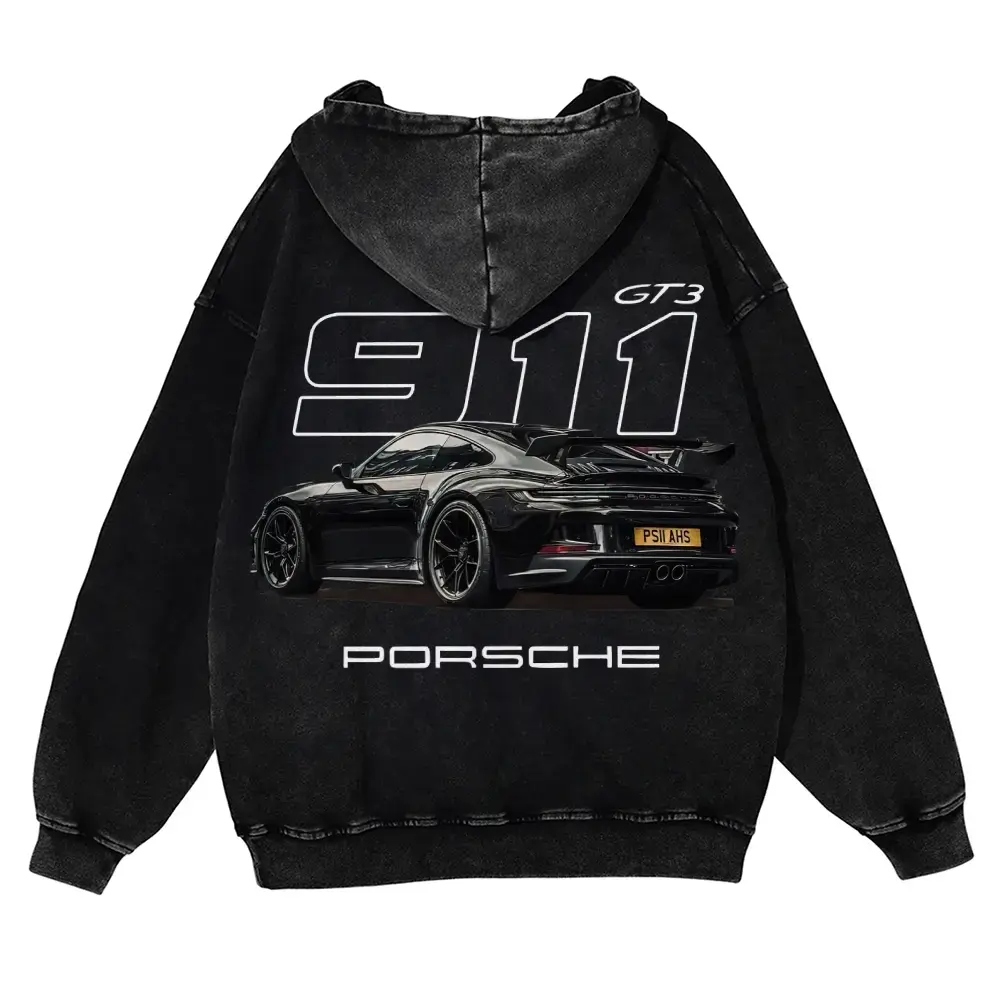 [New Arrival] 400g Autumn Pure Cotton Hoodie 911 GT3 Unisex Retro Washed Hoodie Street Style Printed Hoodie Soft Fabric Long Sleeve Pullover Retro Faded Finish Hoodie Casual Warm Suitable for Both Men and Women