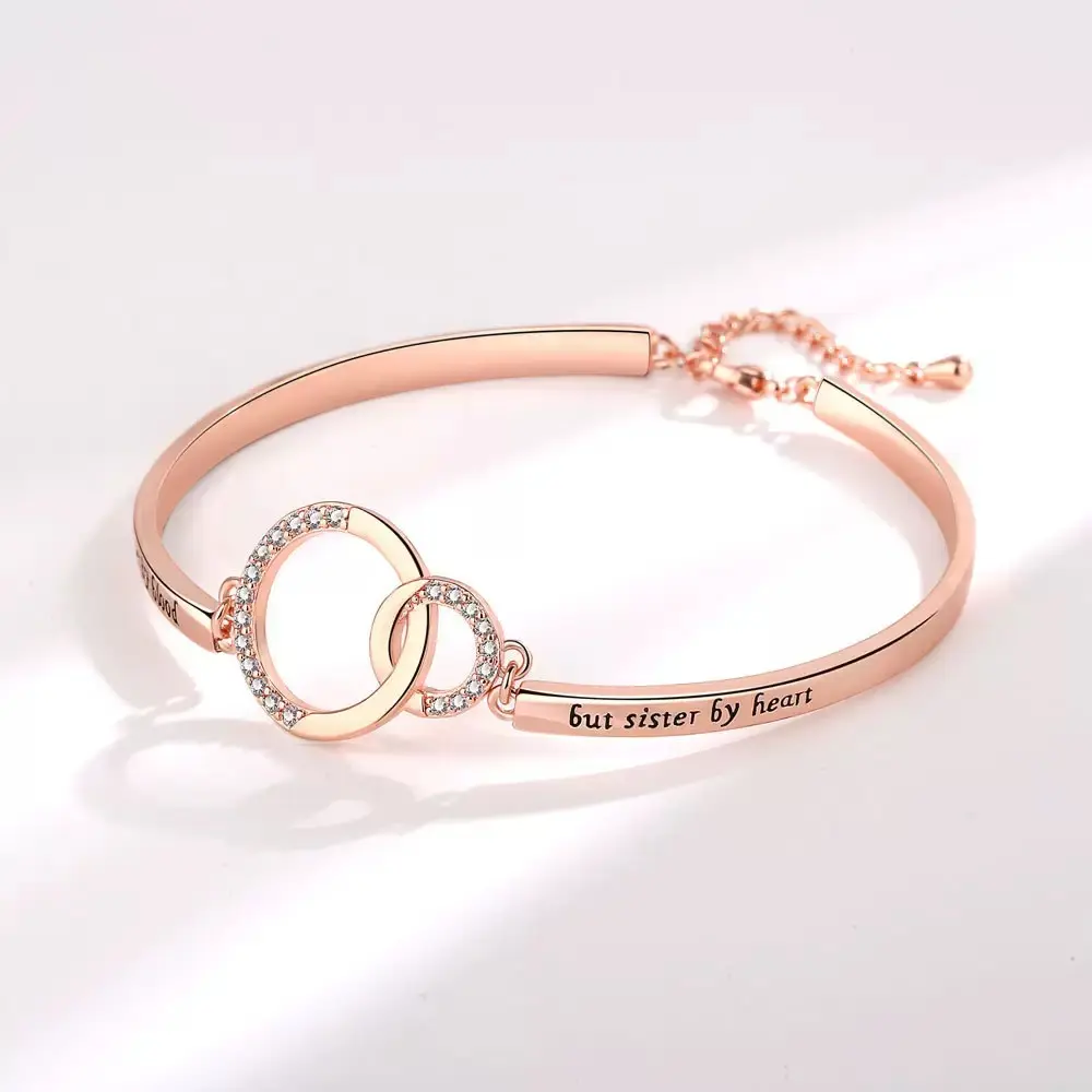 Sister Heart Bangle Bracelet for Women, Elegant Rose Gold Plated Stainless Steel Jewelry, Adjustable Cuff with Engraved Message, Friendship Gift, Bracelets & Bangles, Chain Jewelry Bracelets & Bangles
