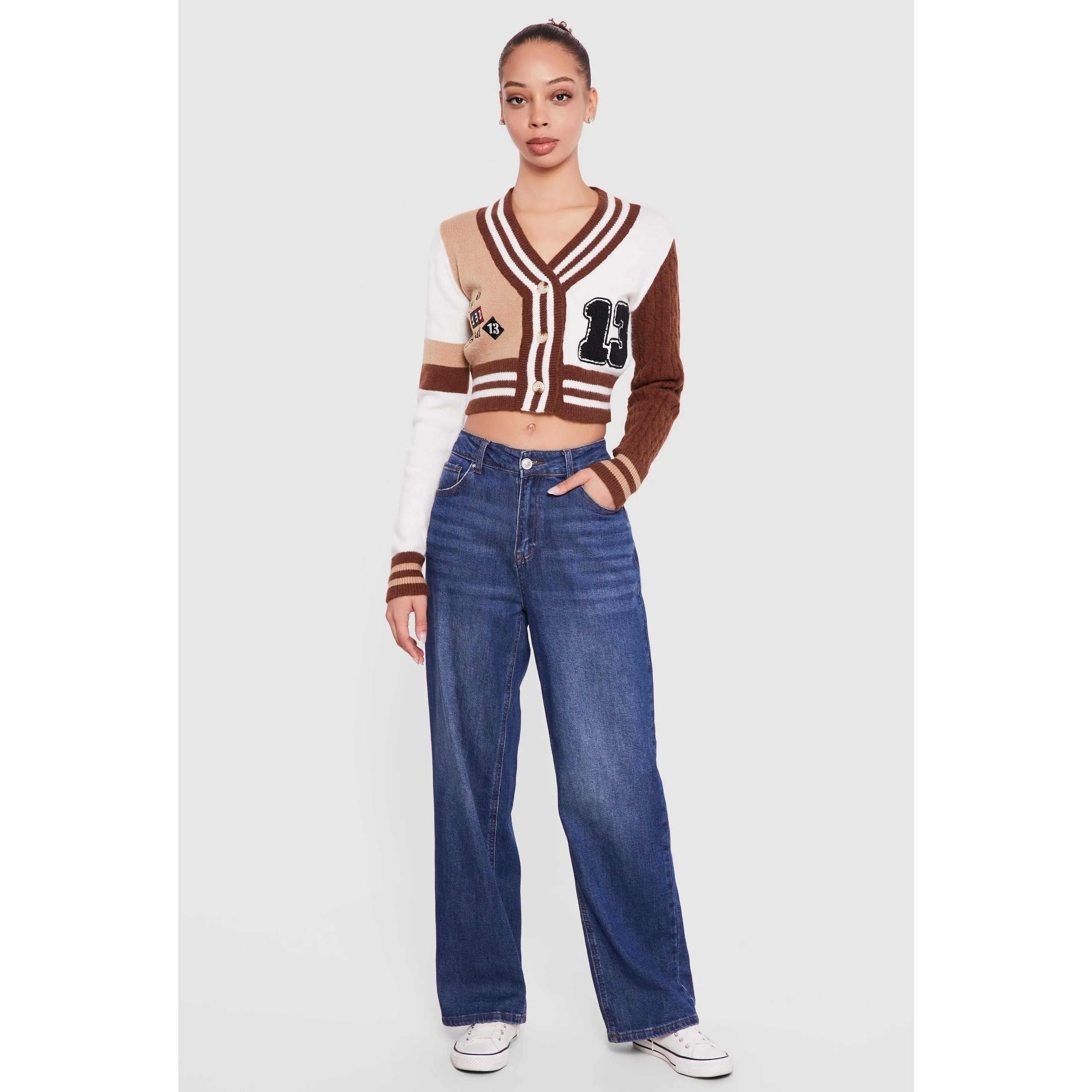 13 Graphic Patch Varsity Cropped Cardigan