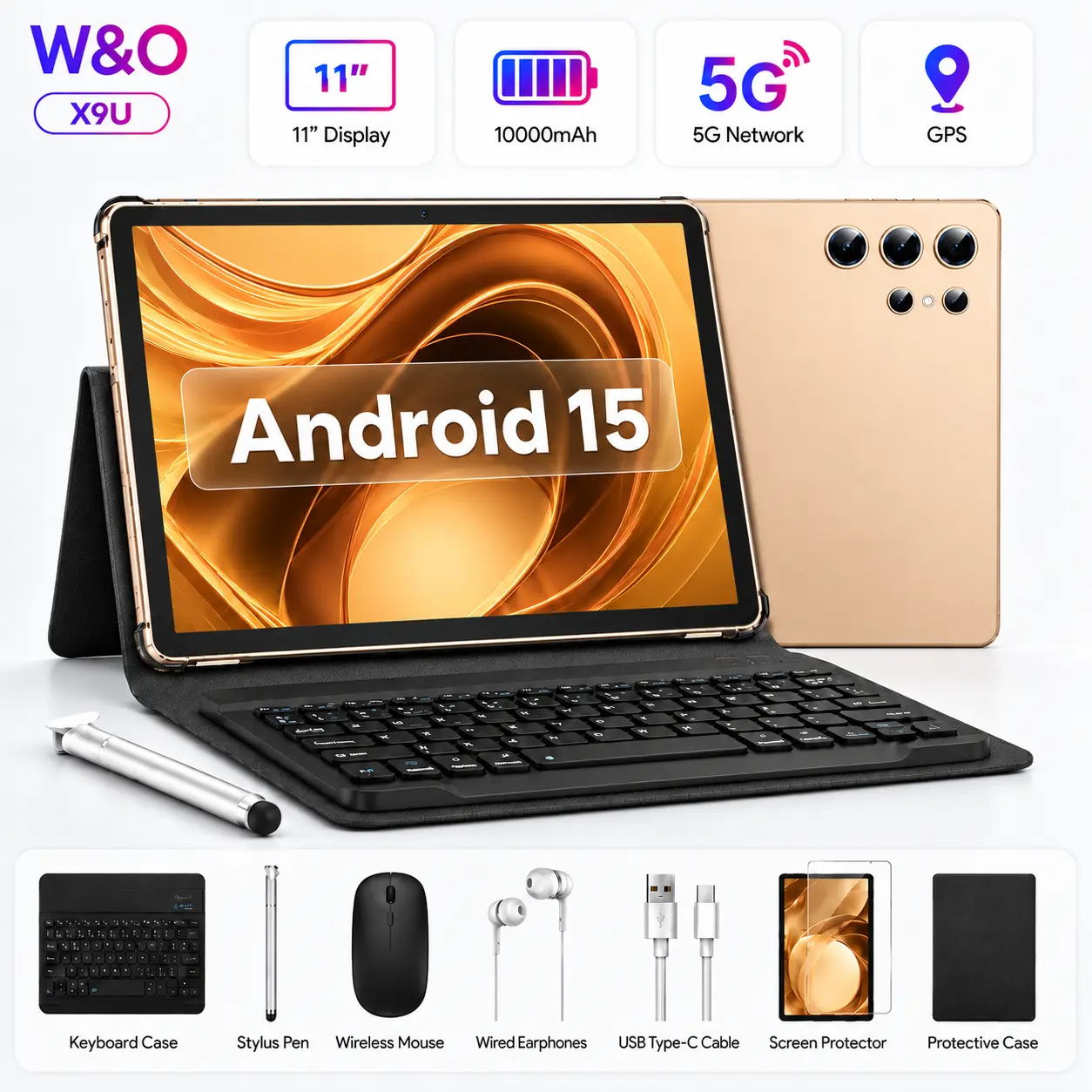 W&O X9U 2026 Android 15 Tablet - 11" Display, Big Storage, 10000mAh Battery, 5G WiFi, GPS, Keyboard, Mouse & Stylus Bundle, Back to School Tablet for Students, Study, Work & Entertainment