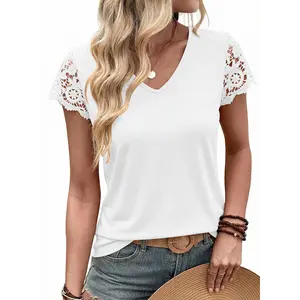 Shewin 2026 Spring/Summer Women's Casual V-Neck T-Shirt - Short Sleeve Loose Fit Top with Lace Patchwork Sleeves, Breathable High-Stretch Viscose Blend for Daily Wear